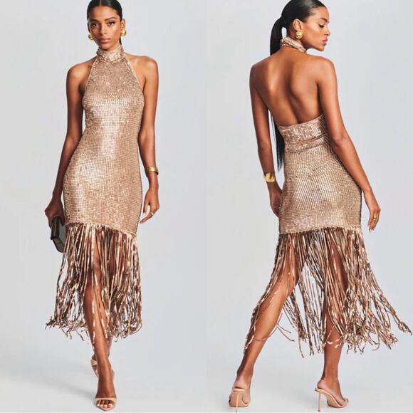Retrofete Renzo Sequin Fringe Crochet Metallic Halterneck Maxi Dress Size M/L - Picture 1 of 11